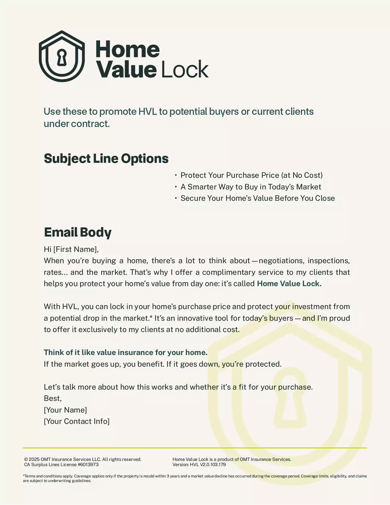 Home Value Lock marketing email copy used by agents